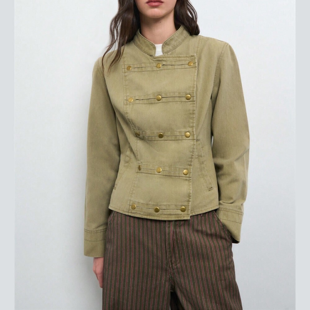 Pale Green-Khaki Denim Buttoned Stand Collar Military Band Jean Jacket